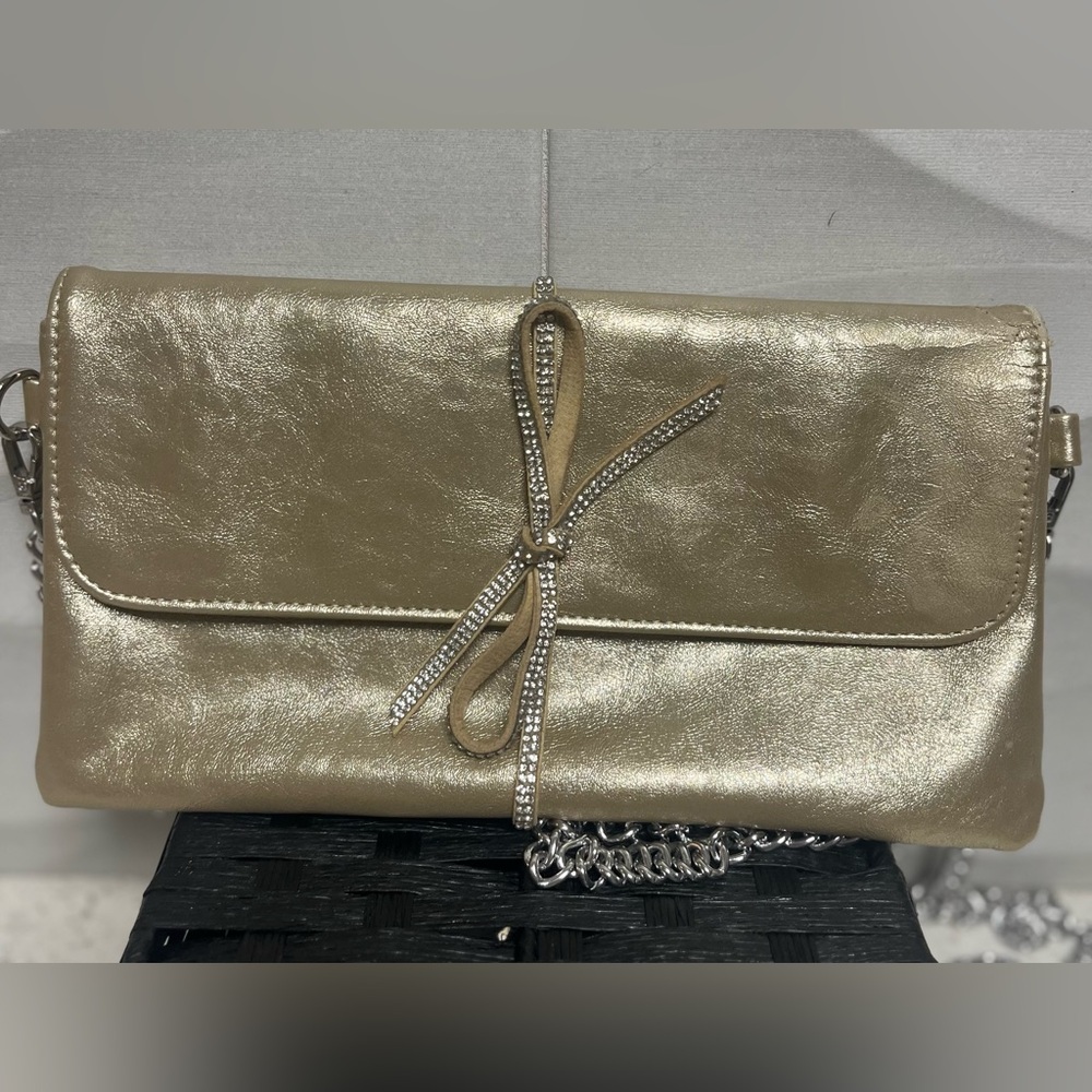Sondra Roberts Gold Clutch with Rhinestone Bow new